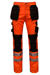STRUD FIT Men's High Visibility Work Trousers in Fluorescent Orange with Holster Pockets Front View