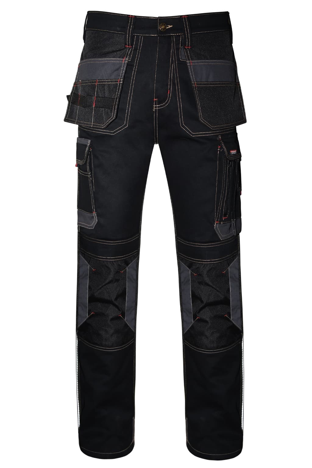 STRUD FIT Mens Heavy Duty Cargo Work Trousers in Black with Holster Pockets Front View