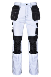 STRUD FIT Mens White Painters Trousers with Black Holster Pockets Front View