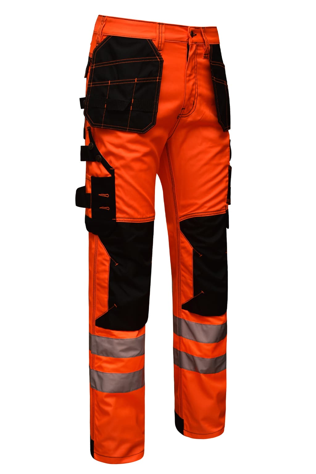 Robust YKK Brass Zip Fastening and Triple Stitched Seams on Orange Cargo Trousers