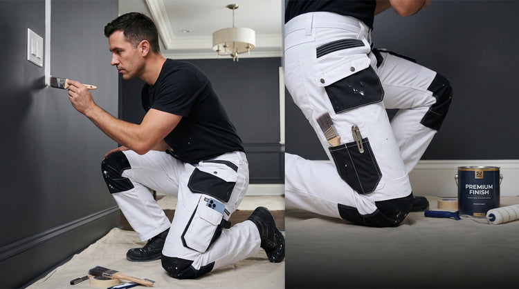 A person wears painter trousers and paints a wall with a focus on their protective gear and tools.