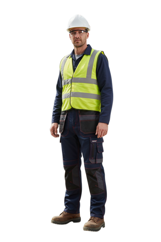 Person navy work pants on a white background