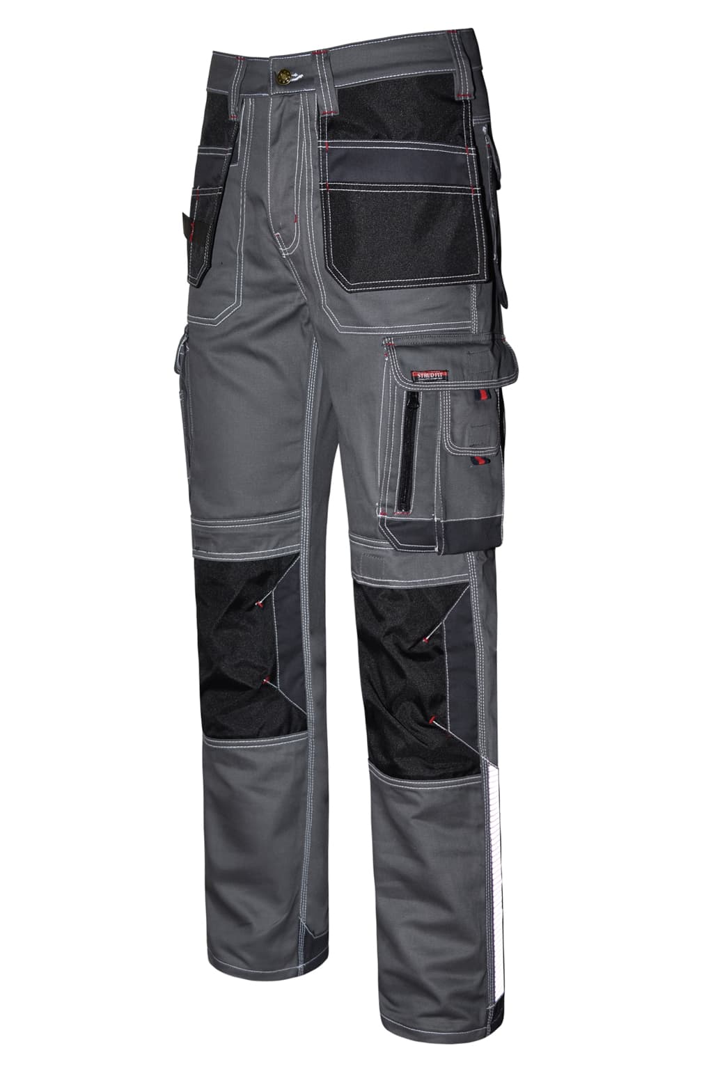 Close up of Practical Tool Hanging Holster Pockets and Mobile Phone Pouch on STRUD FIT Grey Trousers
