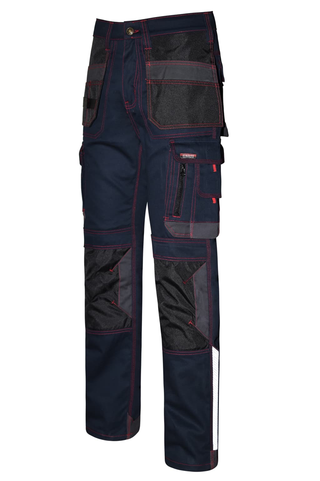 Close up of Practical Tool Hanging Holster Pockets and Mobile Phone Pouch on STRUD FIT Navy Trousers