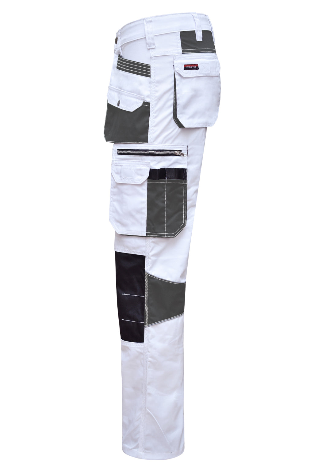 Close up of Practical Grey Utility Pockets and Mobile Pocket on White Trousers