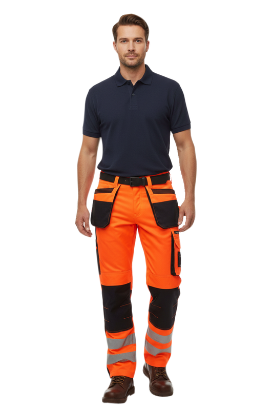 Man wearing orange hi vis work pants with reflective stripes on a white background