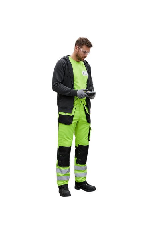 Person wearing a yellow high-visibility work touser with reflective stripes on a white background