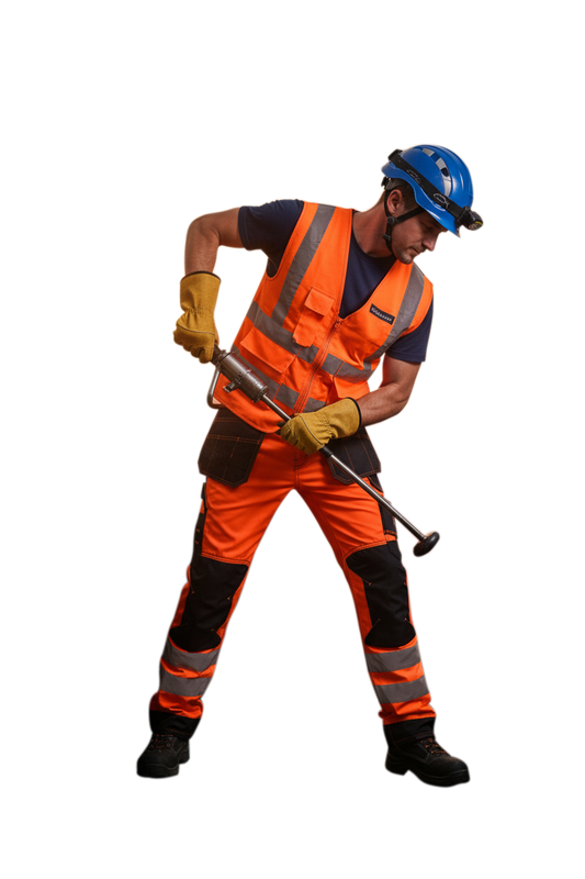 Person wearing an orange safety trousers and helmet holding a tool on a white background