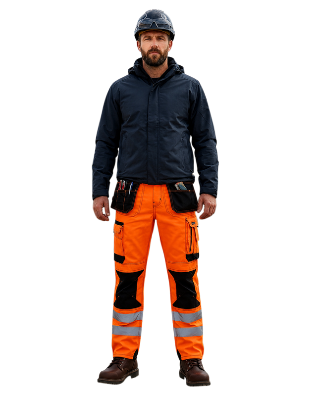 Person wearing orange high-visibility pants, and a helmet on a white background