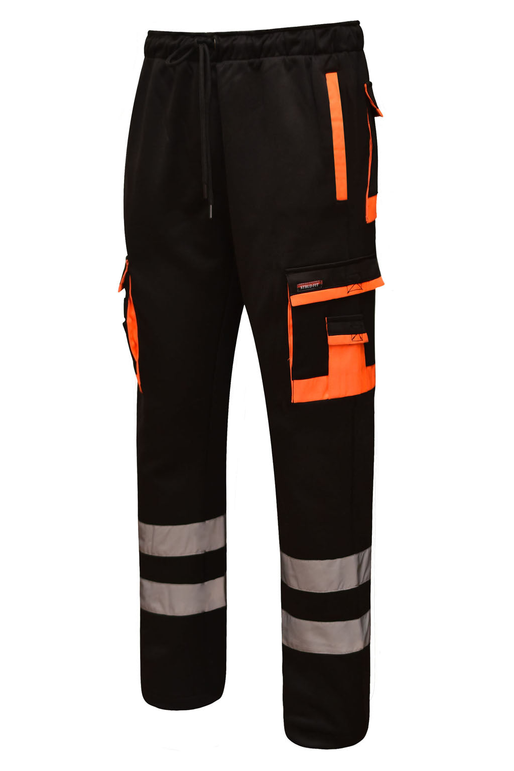 Close up of Multi Cargo Style Pockets for Tools on STRUD FIT Black Fleece Trousers
