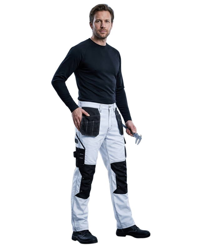Man wearing white painter work pants with black knee pads on a white background