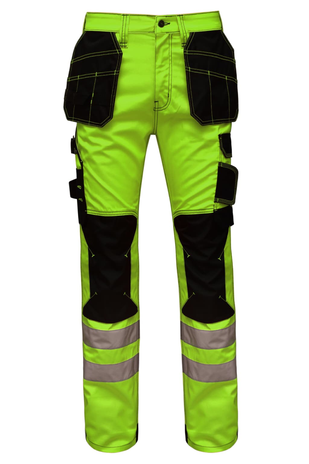 STRUD FIT Men's High Visibility Work Trousers in Fluorescent Parrot Green Front View