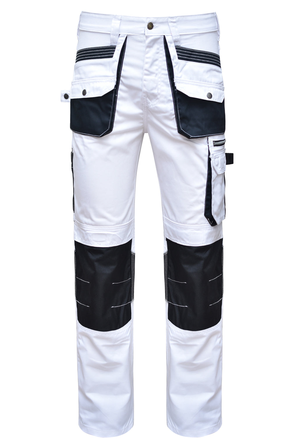 STRUD FIT Mens Heavy Duty Painters Cargo Trousers in White and Black Front View