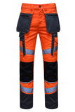 STRUD FIT Mens Hi Vis Work Trousers in Fluorescent Orange with Holster Pockets Front View