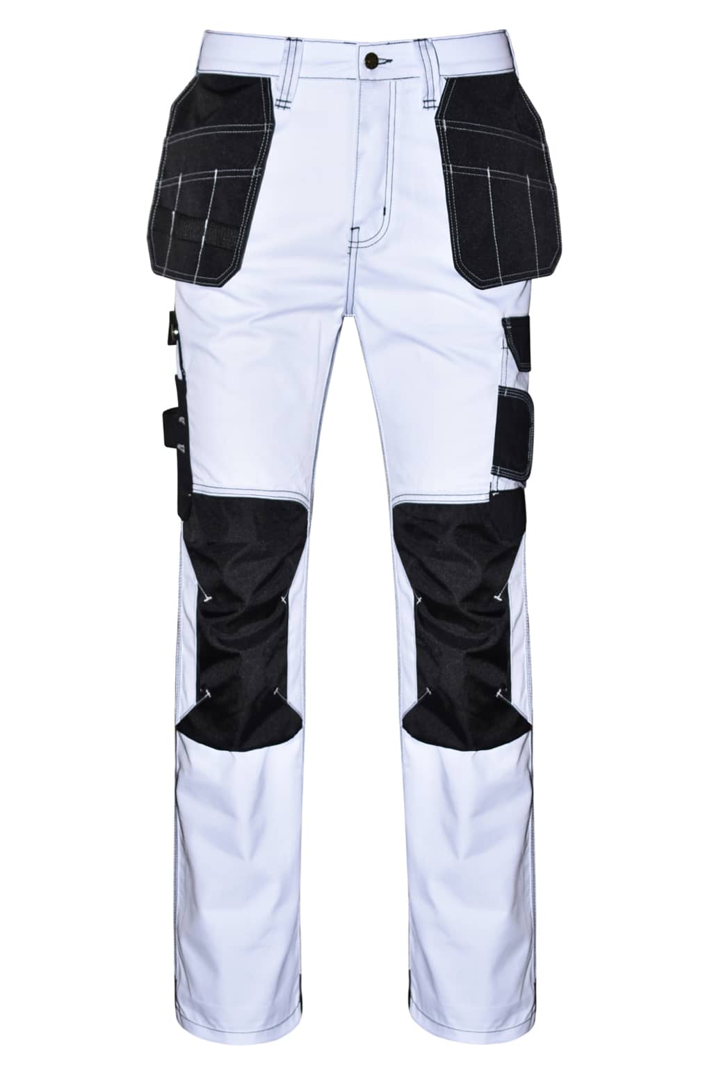 STRUD FIT Mens White Painters Trousers with Black Holster Pockets Front View